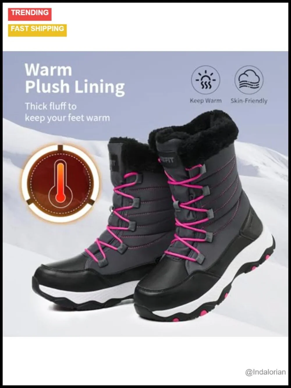Waterproof Mid-Calf Snow Booties Winter Hiking Boot Fur Lined Non-Slip